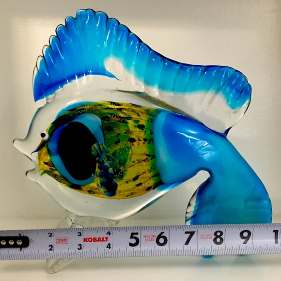 Hand Blown Art Glass Blue Green Yellow Saltwater Fish Paperweight Murano Style - Picture 10 of 11